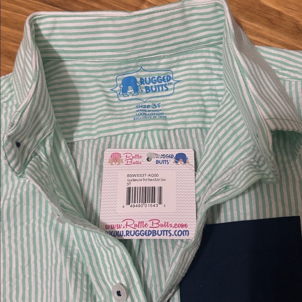 NWT Rugged Butts 3T Aqua Seersucker Short Sleeve Button Down - Picture 2 of 3